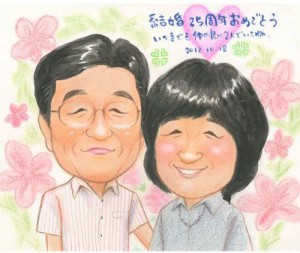 結婚記念のご両親パステルタッチ似顔絵