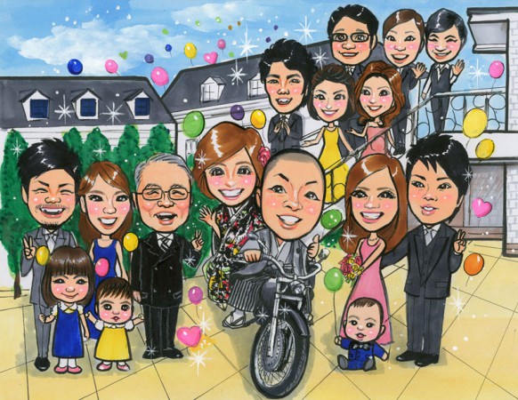 結婚祝いに家族の似顔絵、バイク入り