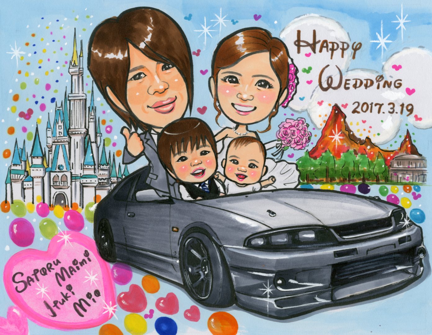 車イラスト入りの似顔絵ボード 千里画房