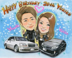 愛車入りの誕生日プレゼント似顔絵