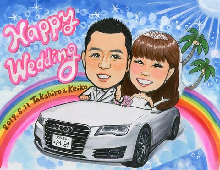 愛車入り結婚式のカップル似顔絵イラストウェルカムボード