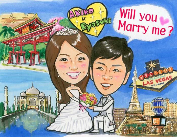 思い出背景入り結婚式のカップル似顔絵イラストウェルカムボード